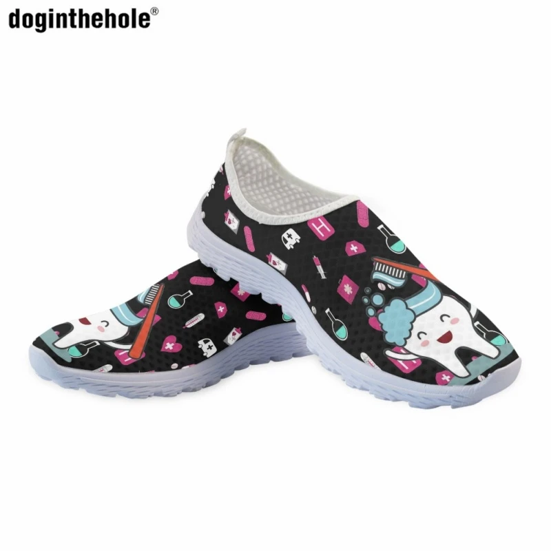 Fashion Women's Casual Nurse Shoes Kawaii Dental Printed Flat Shoes Comfortable Breathable Summer Slip On Mesh Shoe