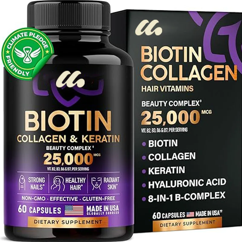 Biotina Hair Growth Support Supplement, Queratina de colágeno, Ácido hialurônico, Pele e Nail Beauty Complex, 25000 Mhz