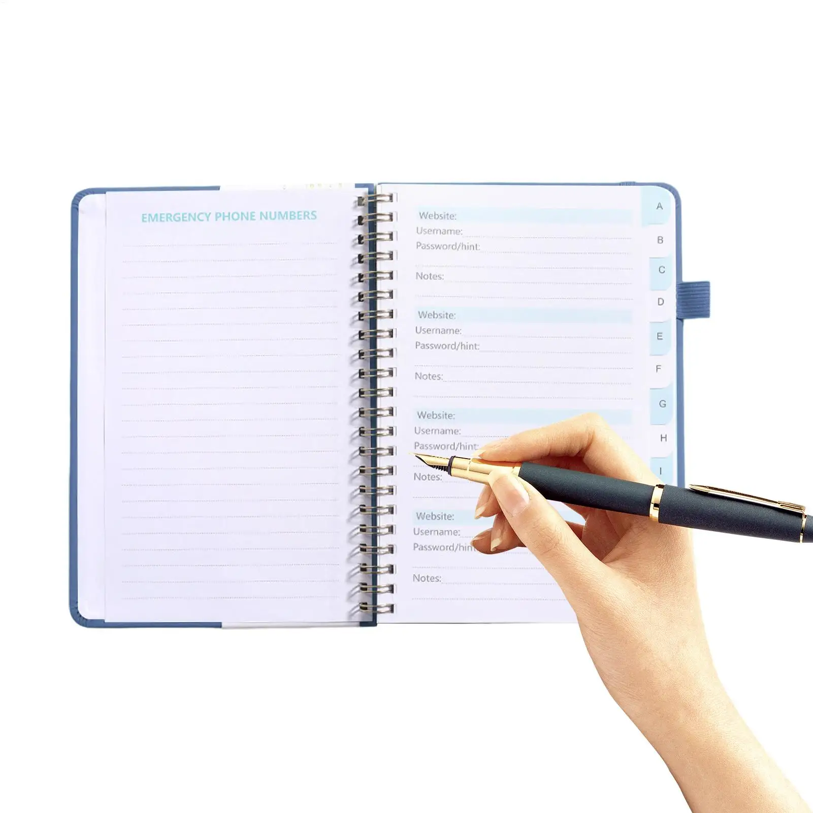 A6 Password Book Strap Notebook a spirale Sito web Username Password Record Notebook 112 pagine Password Keeper Libro Carta di cancelleria