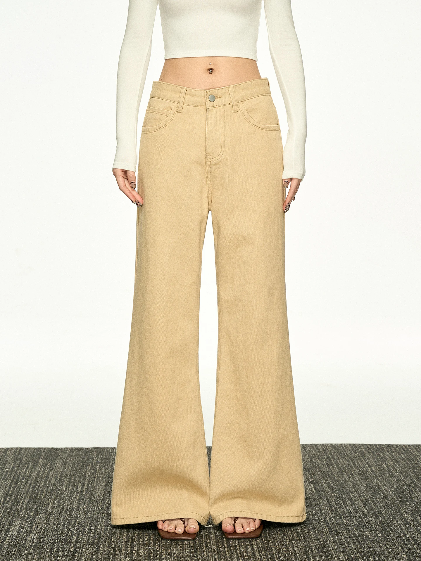 

Khaki Flared Vintage Style Women's Jeans Loose Straight Leg Wide Leg Pants Spring Autumn Low Waist Aaisup Brand Ladies Jeans