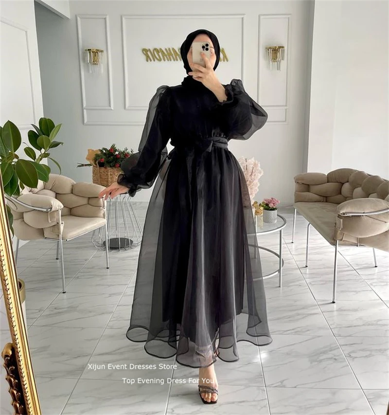 Xijun Black Modest Short Evening Dress Organza Prom Dress Long Sleeves Prom Gowns Formal Arabric Ankle Length Party Dress 2023