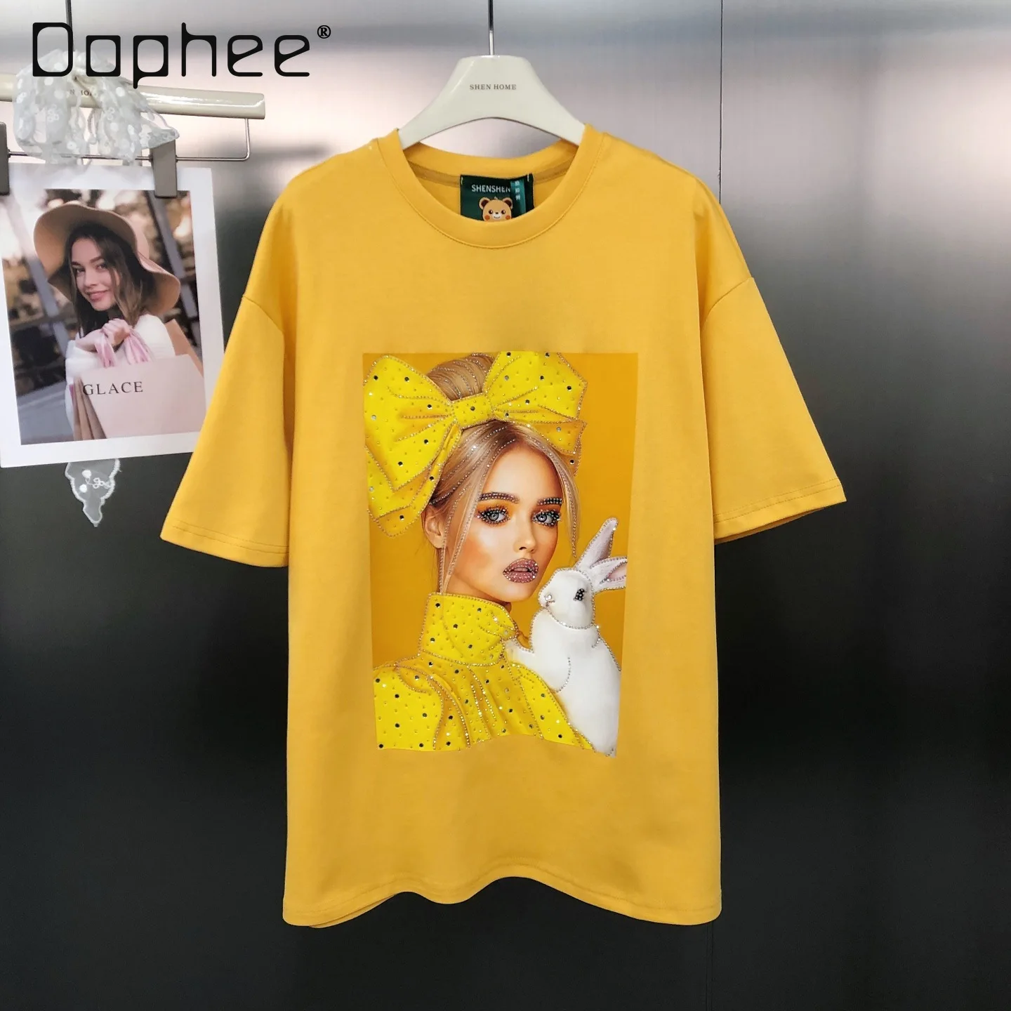 

Trendy Brand Heavy-duty Hot-drilled Rhinestone Character Print Loose-fitting Cotton Short-sleeved T-shirt Kawaii Clothes