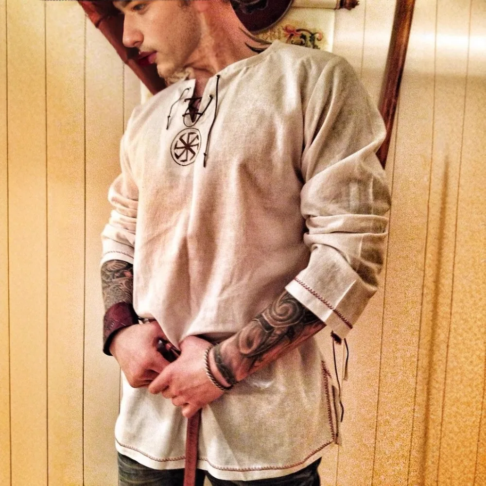 Camicia a maniche lunghe slim fit da uomo medievale di Halloween - Top casual in misto lino traspirante per la primavera e l'estate