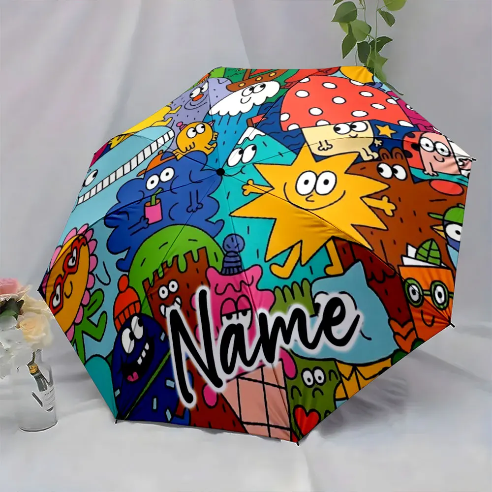 Custom Name  Colorful Cartoon Characters on a Vibrant Umbrella Print 8 Iron Ribs Folding Umbrella Auto-Open Fashion Sunshade