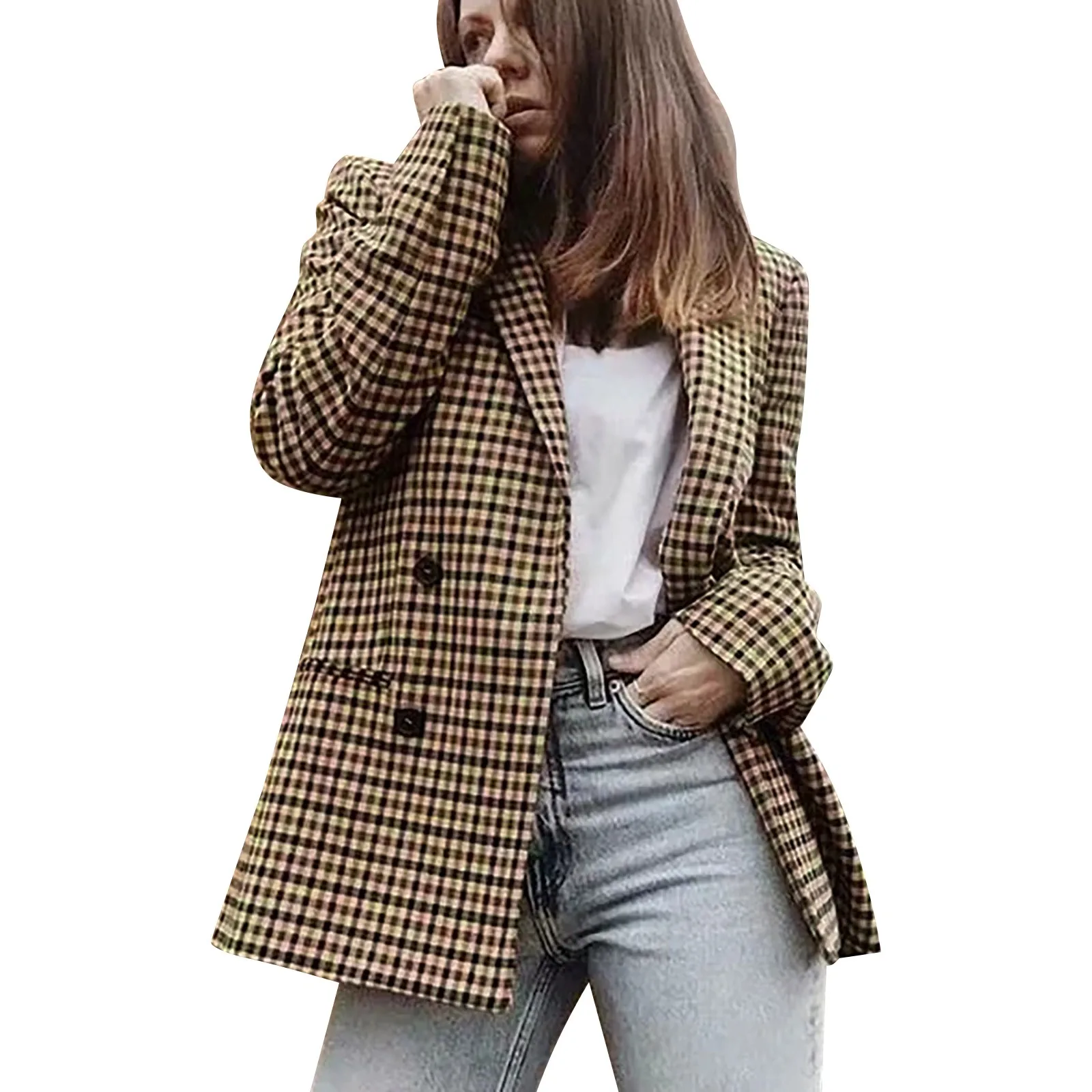 Ladies Autumn And Winter Double-Breasted Lapel Long Sleeve Plaid Suit Jacket Fashion Retro Trend Coat