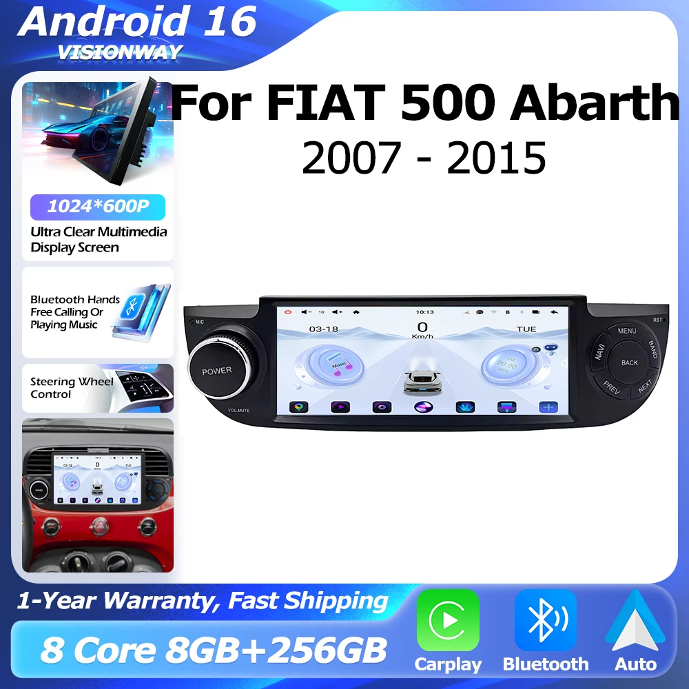 GPS Navigation For FIAT 500 Abarth 2007-2015 Car Radio Android 16 Wireless CarPlay Lntelligent Multimedia Player Auto WIFI