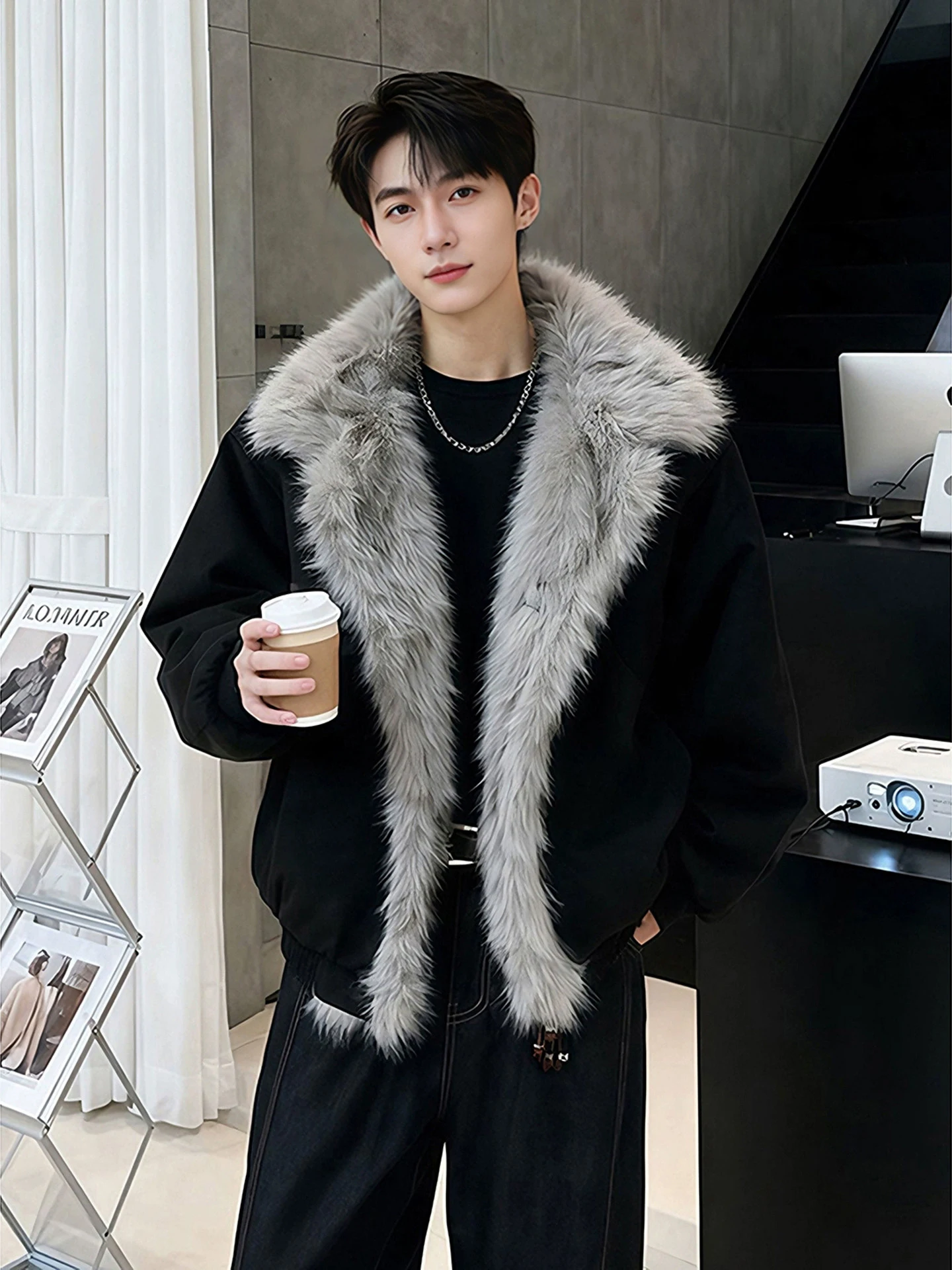 

Bla Cotton Jaet Men's Winter Thiened High-End ort Sle Fur Collar Quilted Padded Coat CleanFit Sle