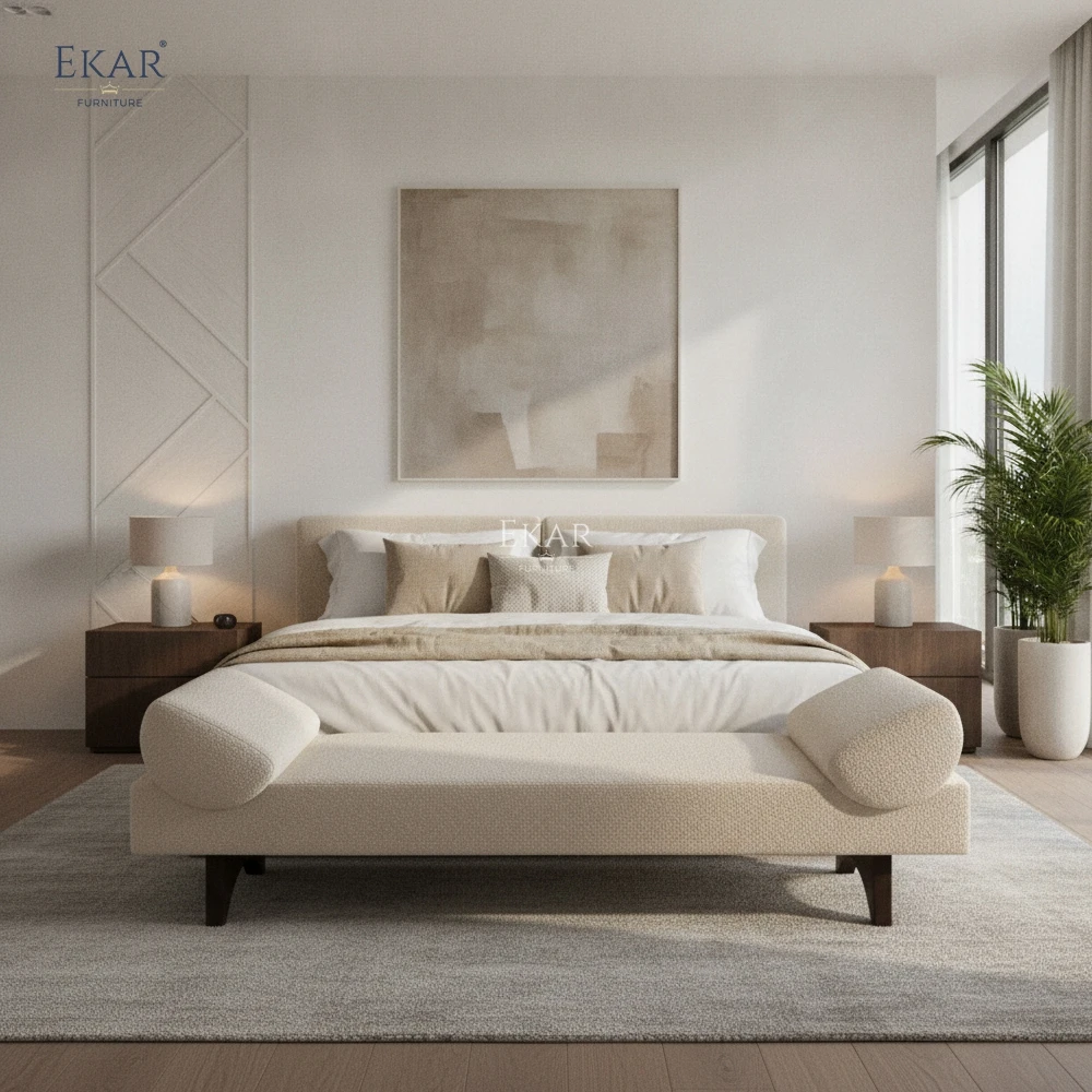 Customizable upholstered bedside stools with solid wood legs for bedrooms, living rooms, and entrances