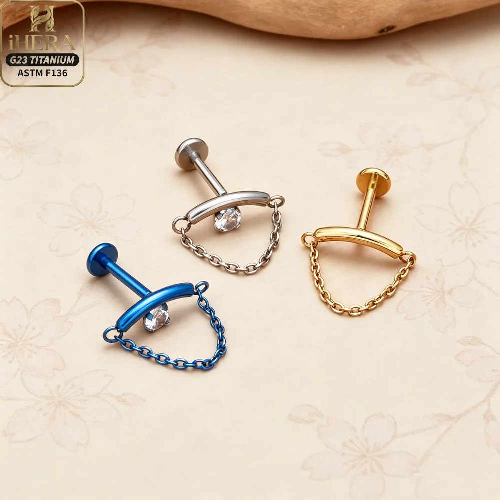 Arch Shape ASTM F136 Titanium Bling Zircon Dangle Chain Labret Stud Lip Monroe Medusa Piercing Jewelry Lot Internal Threaded Bar