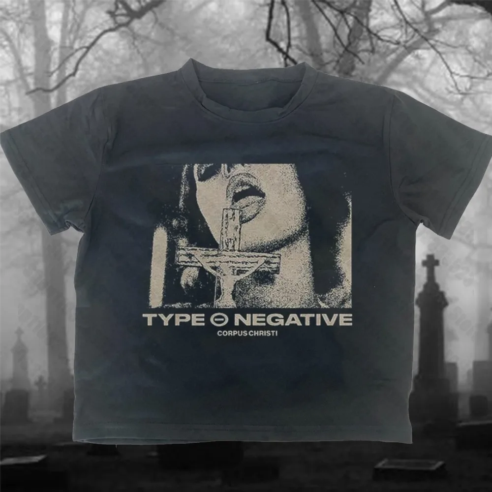 Black Grainy Gothic Close-up Portrait Cross Motif Graphic T Shirt Dark Vintage Style Oversized Short Sleeve Unisex Tops