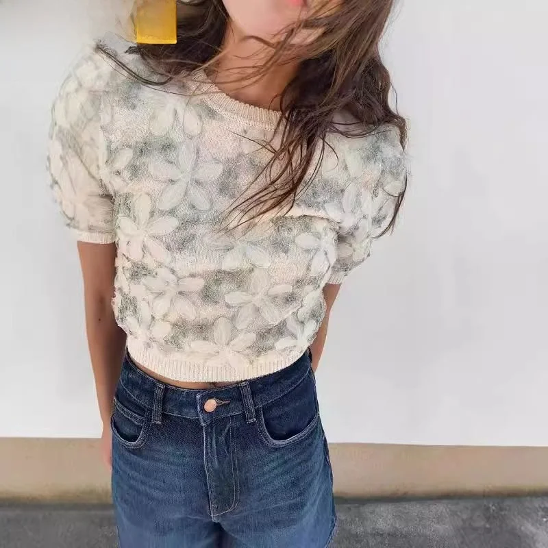 

Fall 2024 New Women's Embroidered Patchwork Knitted ort Sve Top Sweet Sle Straight Tube Polyester Fiber round Ne Reg...