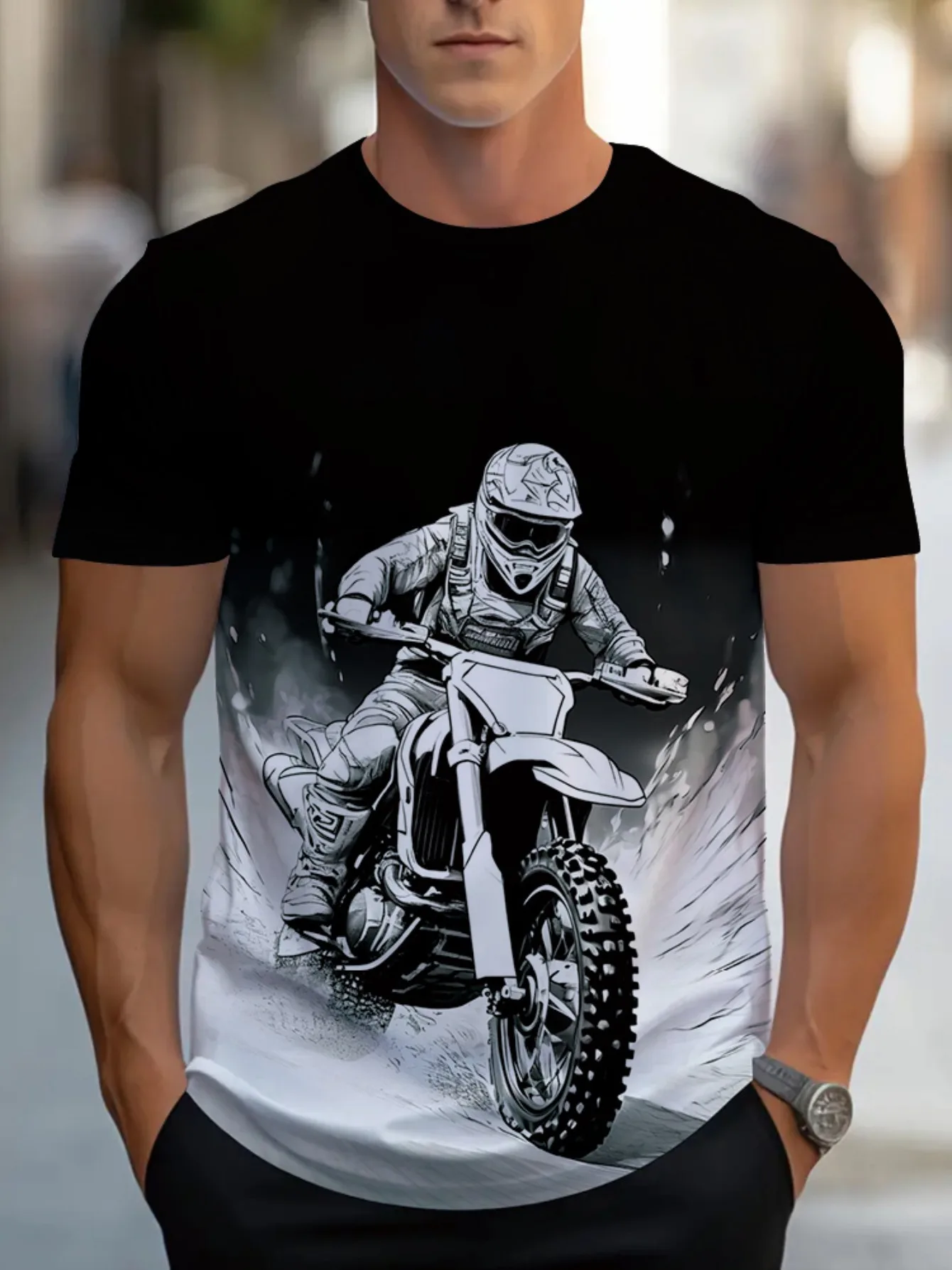 تي شيرت رجالي كاجوال بنمط دراجة نارية أبيض وأسود مطبوع بأكمام قصيرة إصدار عادي ملابس صيفية مناسبة #1