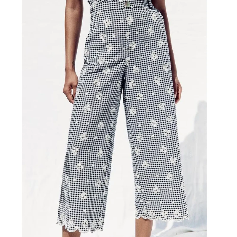 Letnie spodnie damskie w stylu vintage z wysokim stanem, haftowane, w kratę, z szerokimi nogawkami, na co dzień, lato 2025