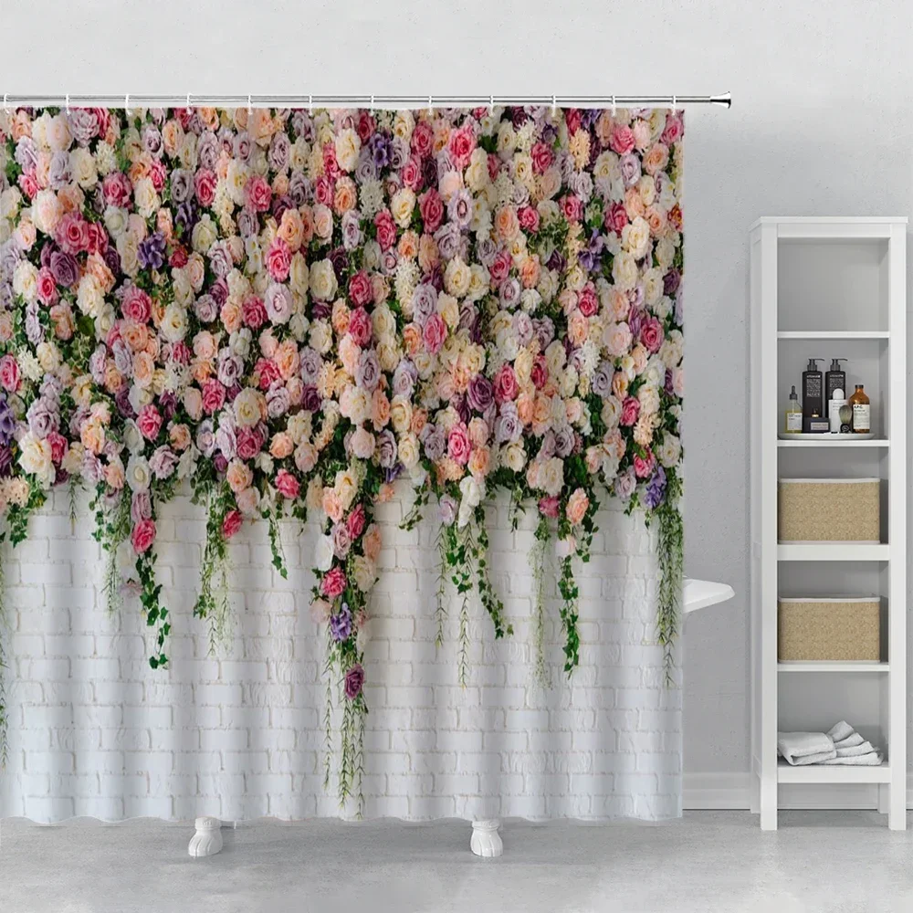 Flowers Wall Shower Curtains Rurality Nature Scenery Plank Fence 3D Bathroom Decor Shower Curtain Bath Curtain Bath Screen Baño