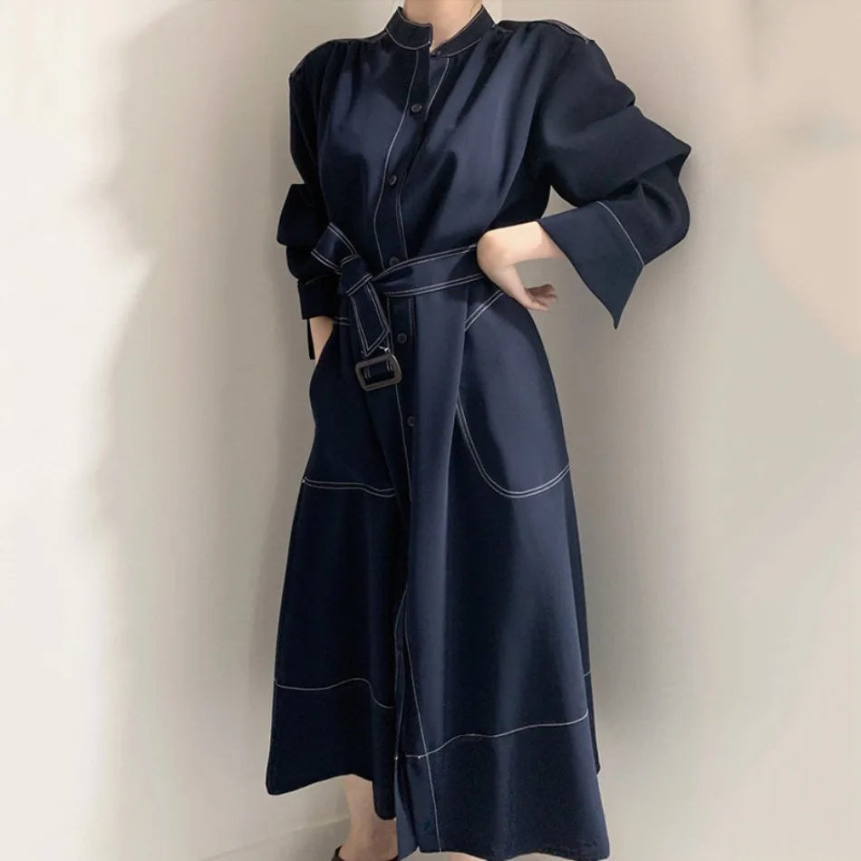 Neues Frühlings-Herbst-Einreihiges Damen-Hemdkleid mit Stehkragen, koreanischer Casual-Stil, gerade geschnitten, elegantes langes Kleid für Damen. – Detail 4