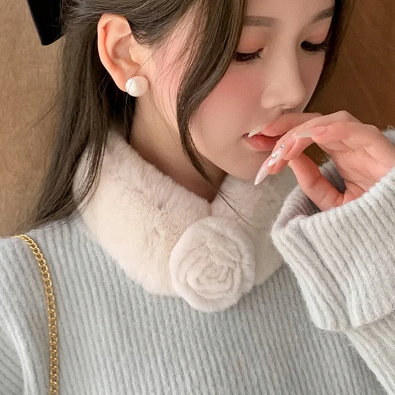 

Winter Real Rex Rabbit Fur Scarf Fashion Magnetic Buckle Fur Neck Warmer Thickened Natural Fur Scarf Luxury Camellia Fur Scarf