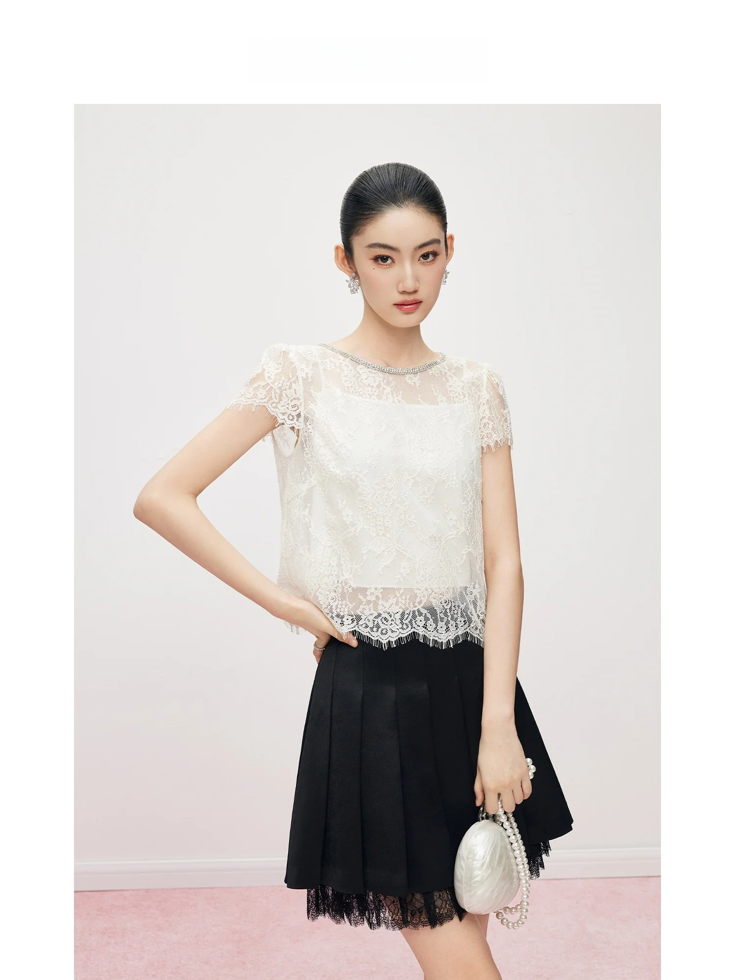 

MandyZhang White Lace Shirt Women's Fashion Design Tassel Detail Elegant Style Nylon Fabric Short Sleeve Casual Wear