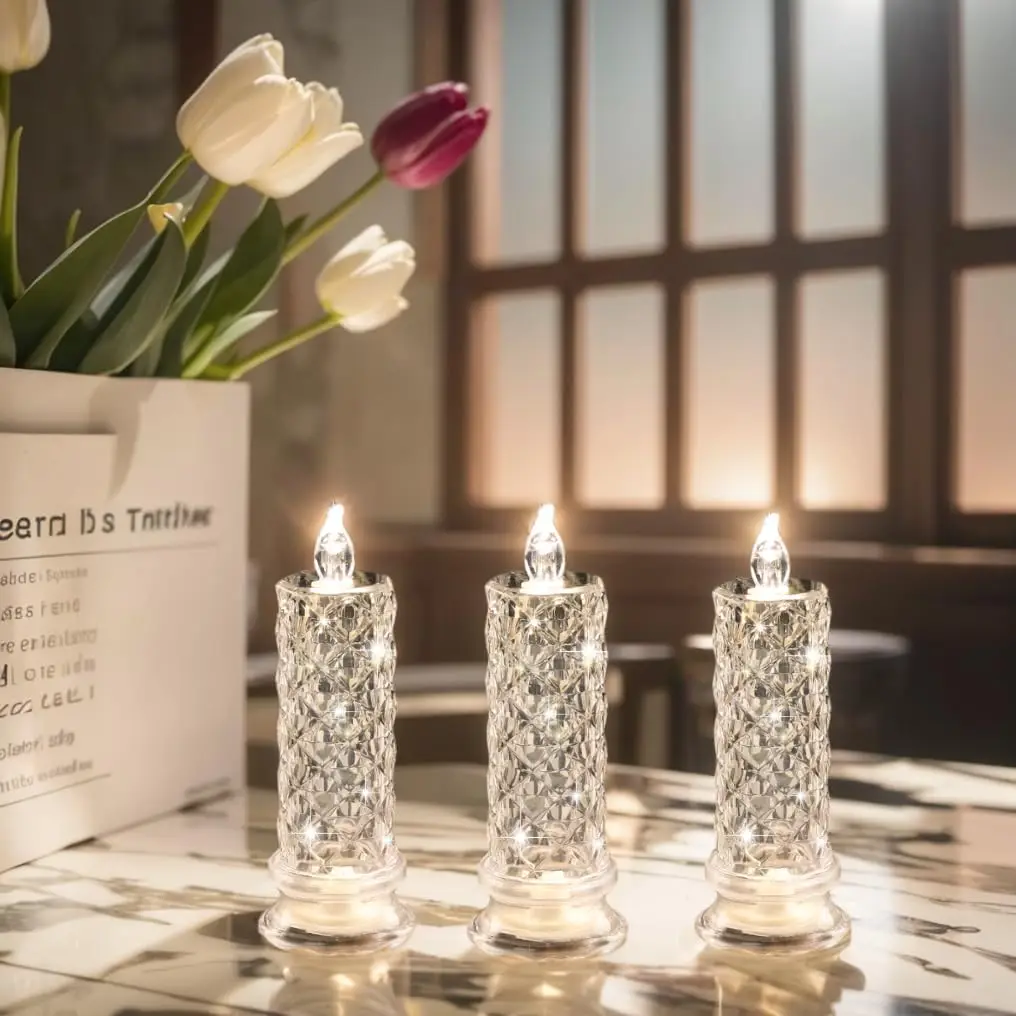 Velas LED sin llama para decoración del hogar, luz de cristal rosa para el Día de San Valentín, dormitorio, boda, Navidad, manualidades, 1/2 piezas