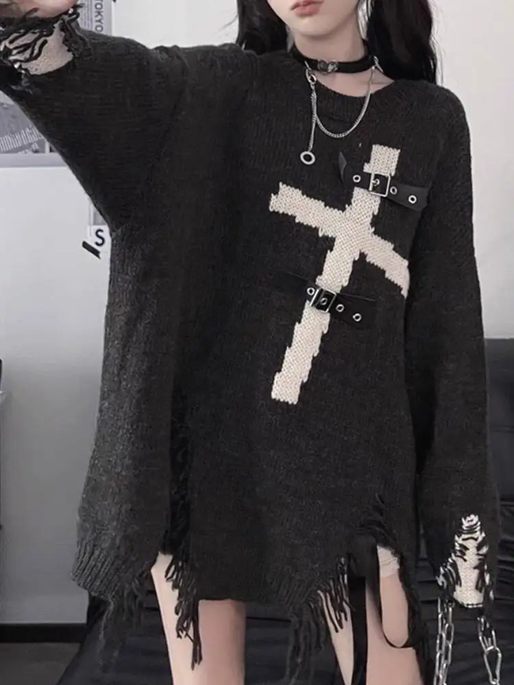 Gothic Sweater Women 2025 Autumn Women's Y2K Punk Sweater Gothic Cross & Leather Buckle Design Lazy Style Knit Inner Top