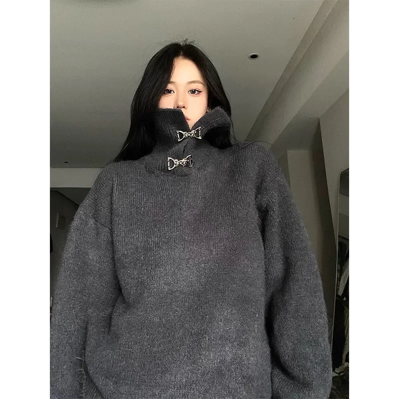 Simple Metal Buckle In Autumn And Winter High-necked Long-Sleeved Sweater Loose Sweater Women's Casual High-sense Knitted Trend