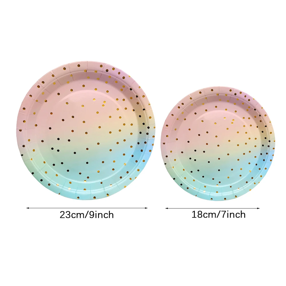 Regenbogen Geburtstag Einweggeschirr Gold Dot Farbverlauf Teller Tassen Servietten für Mädchen Regenbogen Party Dekoration Hochzeitszubehör – Detail 5