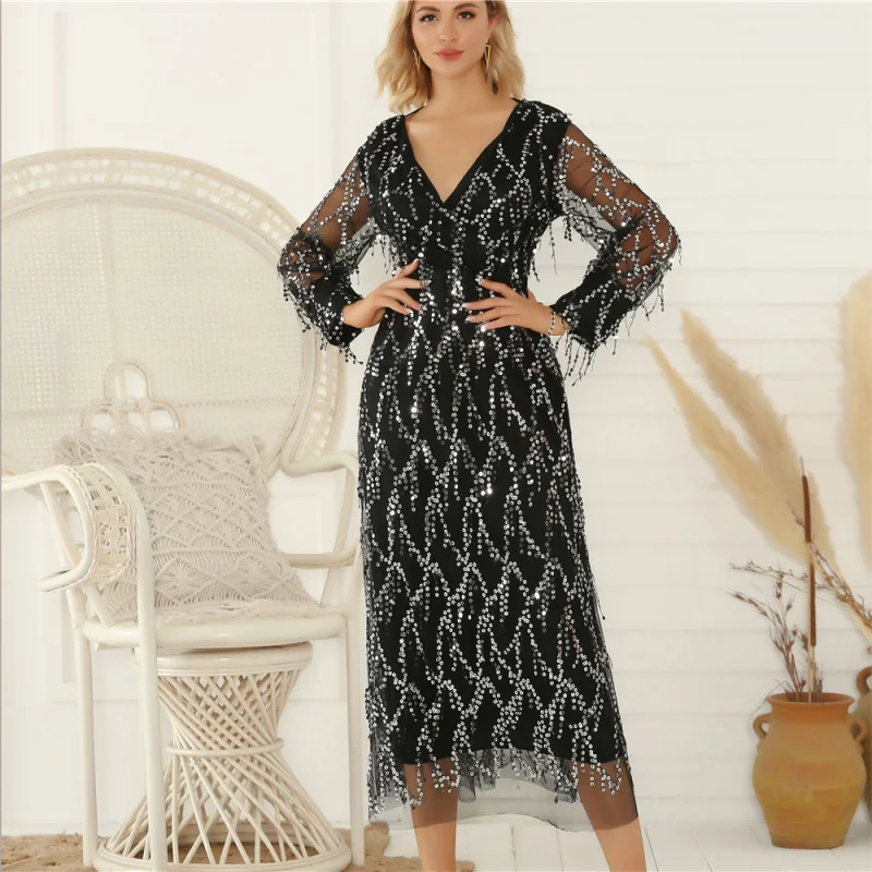 

Hot Selling Popular European and American New SexyVCollar Tassel Sequins Dress Formal Dress Women's Clothing Dropshipp