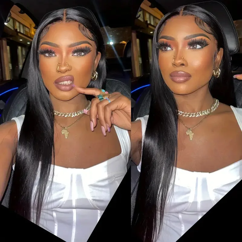 Ladies 13 * 6 front lace chemical fiber wig headgear natural black high temperature silk front hand hook natural hairline wig