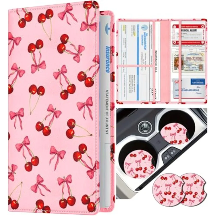 Car Registration and Insurance Holder - Cherry Vehicle Glove Box Organizer Women with Magnetic Shut Leather Automobile License