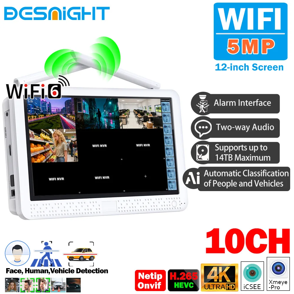 10CH WiFi NVR with HDD Supporting 5MP/4K ONVIF 12-inch screen XMeye/iCSEE Remote Viewing