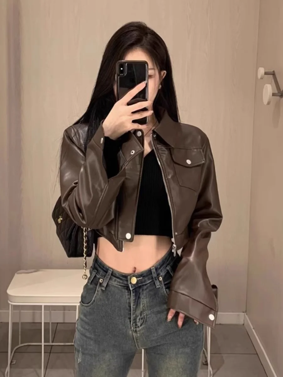 Brown ort PU Leather Jaet Women's Spring Autumn 2024 New Sle High-End Feelings Motorcycle Workwear Faion Outerwear