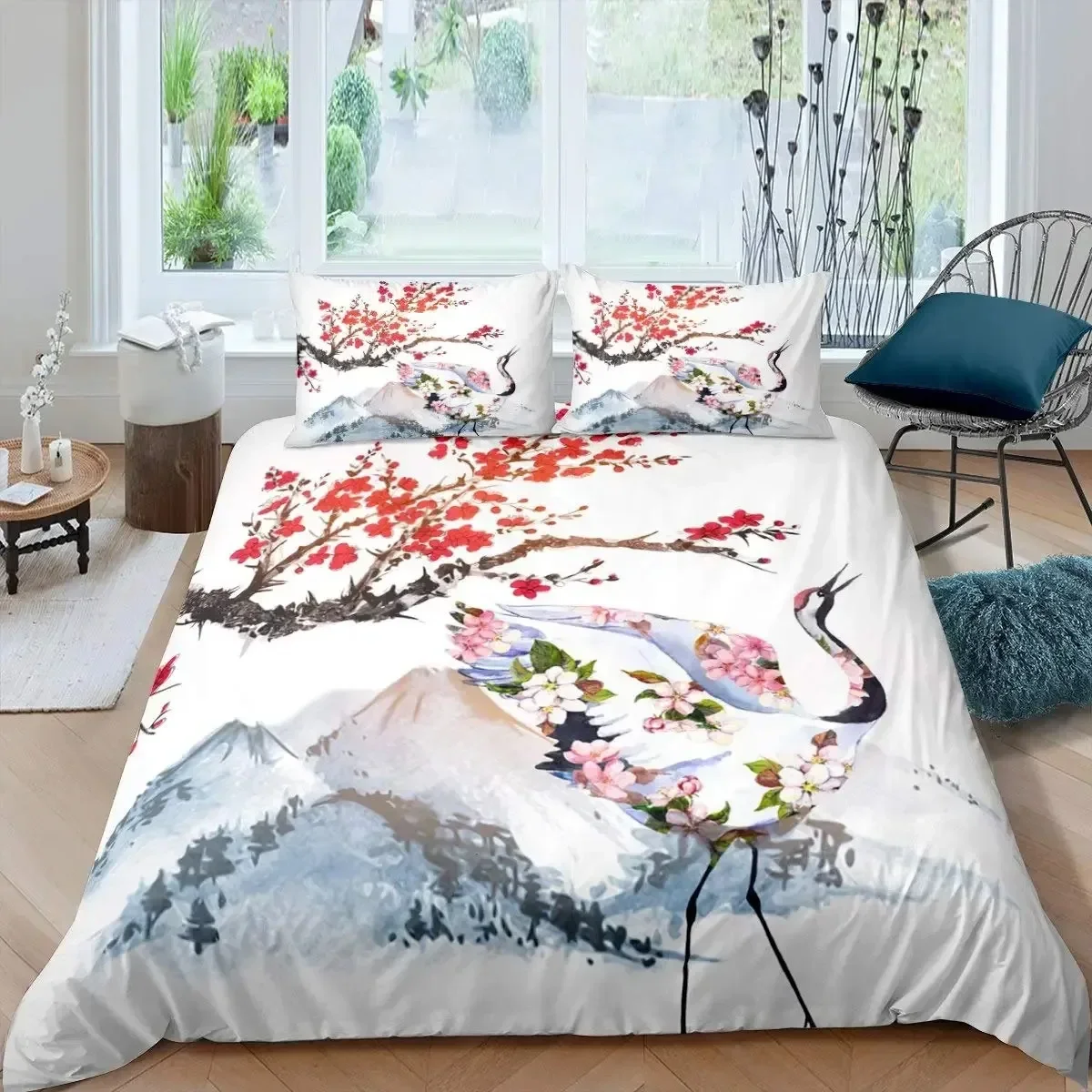 

Japanese-Style Crane Duvet Cover Set Queen Size Cherry Blossoms Bedding Set Women Girls Japanese Traditional Quilt Cover