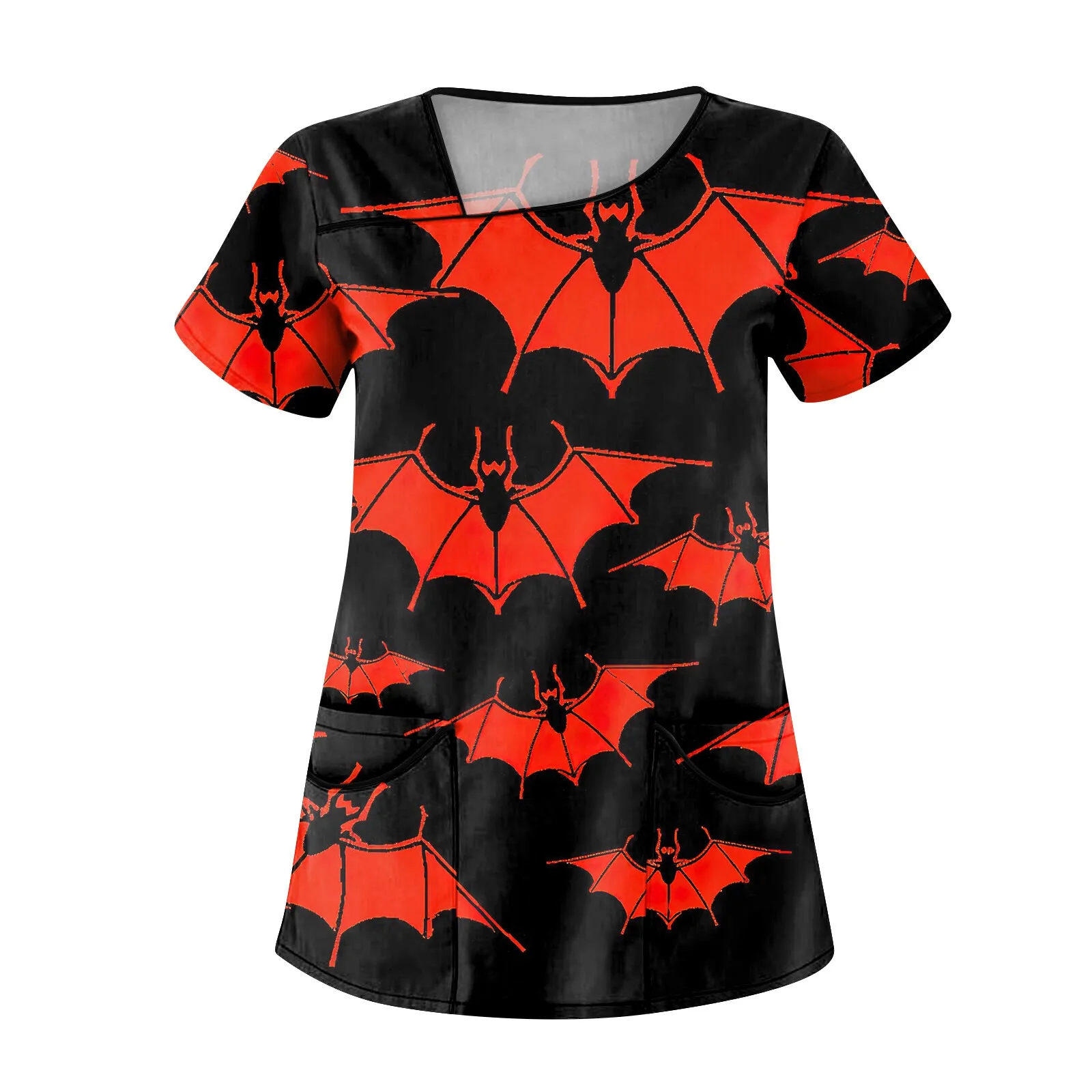 

Women Tops Halloween Print V-Neck Blouse Short Sleeve Scrub Uniform Nurse Uniform T-Shirts Pocket Medical Tunic Carers Workwear