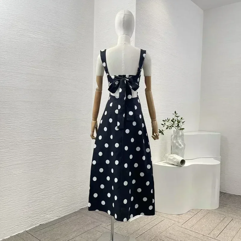 Vestido Midi de tubo para mujer, vestido clásico de lino negro con estampado de puntos blancos y escote corazón recortado, sin mangas y espalda descubierta, novedad de 2024