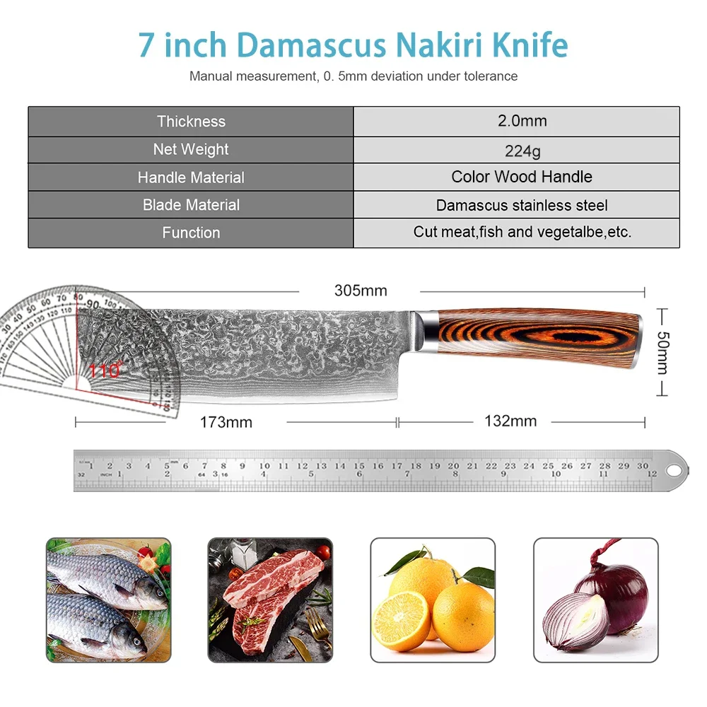 XITUO Damascus Steel Nakiri Knife 7 Inch Cleaver Sharp Kitchen Chef Knife Slicing Vegetables Meat Knife, Colorful Wooden Handle