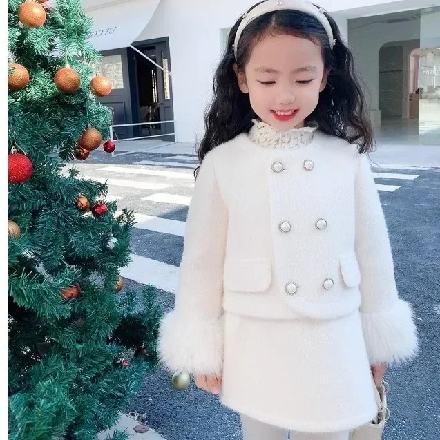 Girls Set Korean Style Solid Color Fashion Clip Cotton Plush Fashion Warm Coat Cute Skirt 2024 New Winter Clothing