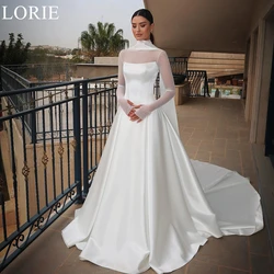LORIE Elegant Satin Wedding Dresses A-Line High Neck Long Sleeves Pleated Bride Prom Gown 2025 Modest Bridal Gowns Customized