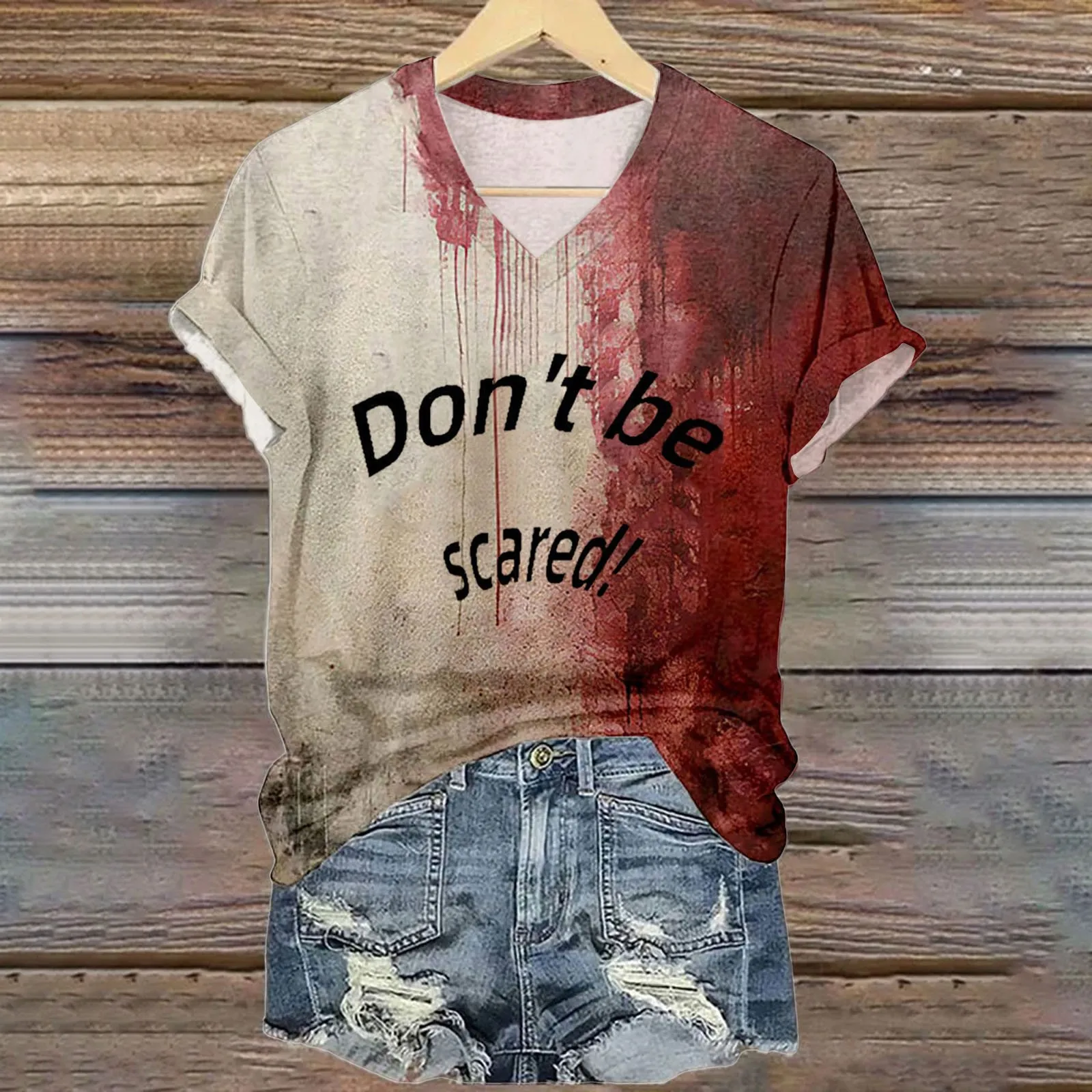 قميص الهالوين الدموي للنساء مضحك بياقة على شكل V وأكمام قصيرة ملابس دم الهالوين هدية رياضية بأكمام قصيرة للنساء #5
