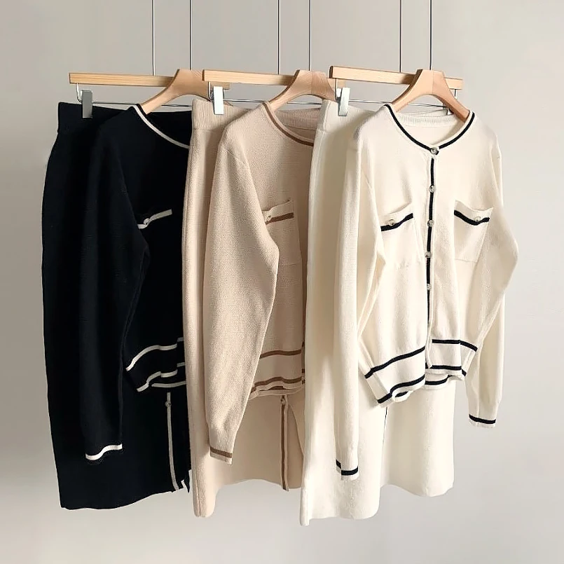 New Autumn Winter Knitted Two Piece Set for Women Long Sleeve O-neck Cardigan Top + Long Skirt Sets Elegant Suits Tracksuit Y2k