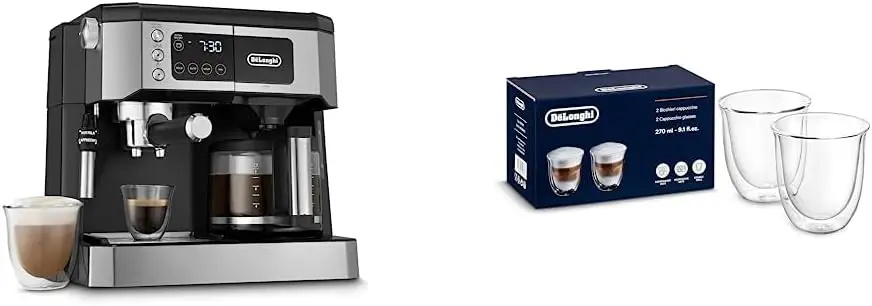 

Combination Coffee Maker & Espresso Machine + Advanced Adjustable Milk Frother, black & 513214601 Cappuccino Glasses