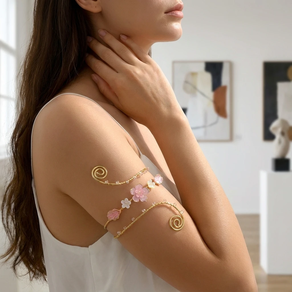 Elegante goldfarbene, drahtumwickelte Oberarmmanschette für Damen, romantische rosa Iris-Blumen-Armreif, Strandparty-Schmuck – Detail 2