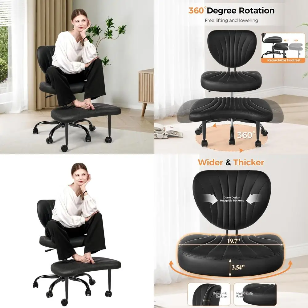 كرسي تأمل مريح بعجلات دوارة، ارتفاع قابل للتعديل لليوجا وADHD، مقعد واسع للركوع مع دعم قطني (أسود)