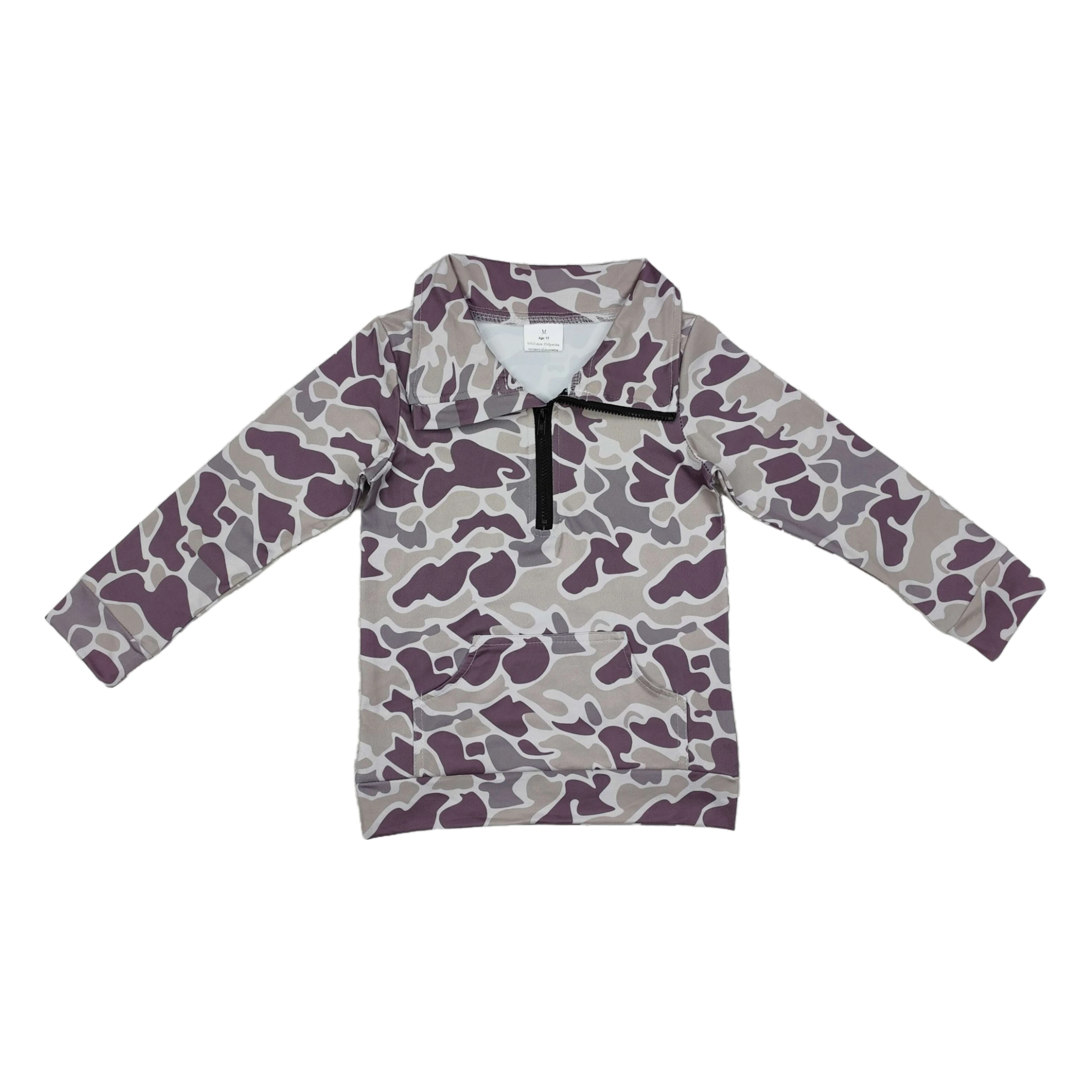 Wholesale Baby Boy Long Sleeves Clothes Grey Brown Camo Zipper Pocket Tops Children Toddler Lapel Pullover Kid One Piece T-shirt