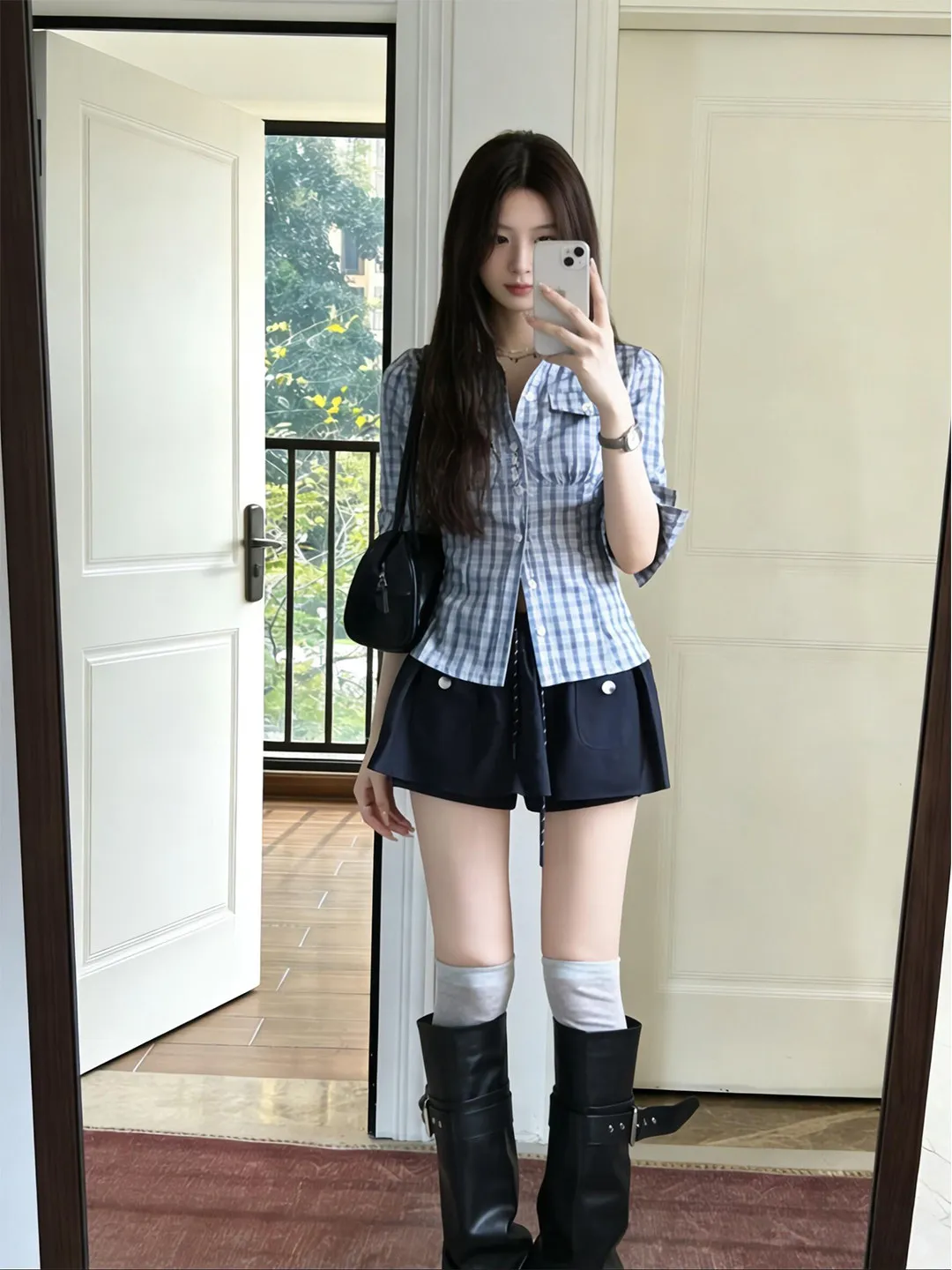 Slim Fit Plaid Shirt And Skirt Set Women's Summer Fashion High Waist Short Sleeve Button up Anti Wrinkle  Collar Two Piec...