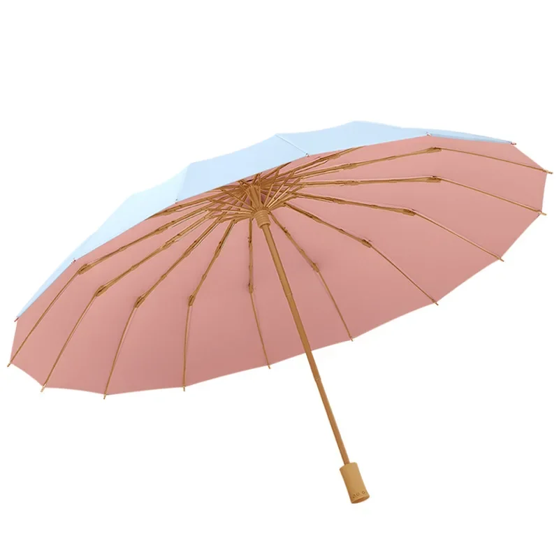 Color Coating 3 Folding Anti UV Sun Umbrella for Women, Windproof Sunproof Sunshade, Wooden Handle Solid Color Rain Umbrellas