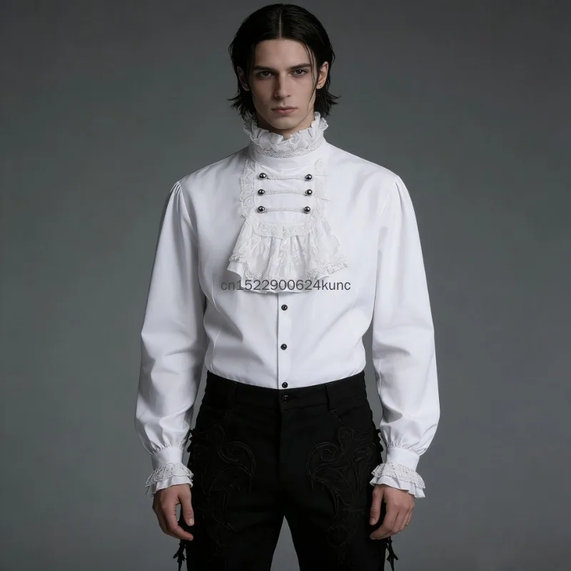 

Renaissance Medieval Steampunk Men Shirts Victorian Vintage Lace Ruffles Stand Collar Puff Sleeve Blouses Halloween Prince Tops