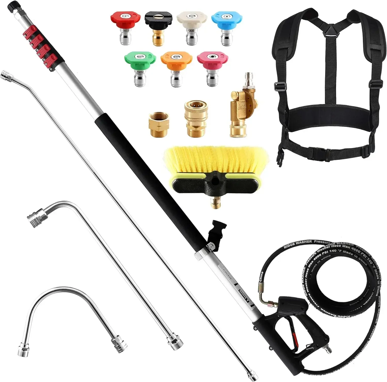 24 FT Telescoping Pressure Washer Wand, Power Washer Extension Wand with Brush, Telescopic Gutter Cleaner with 3 Stainless Steel