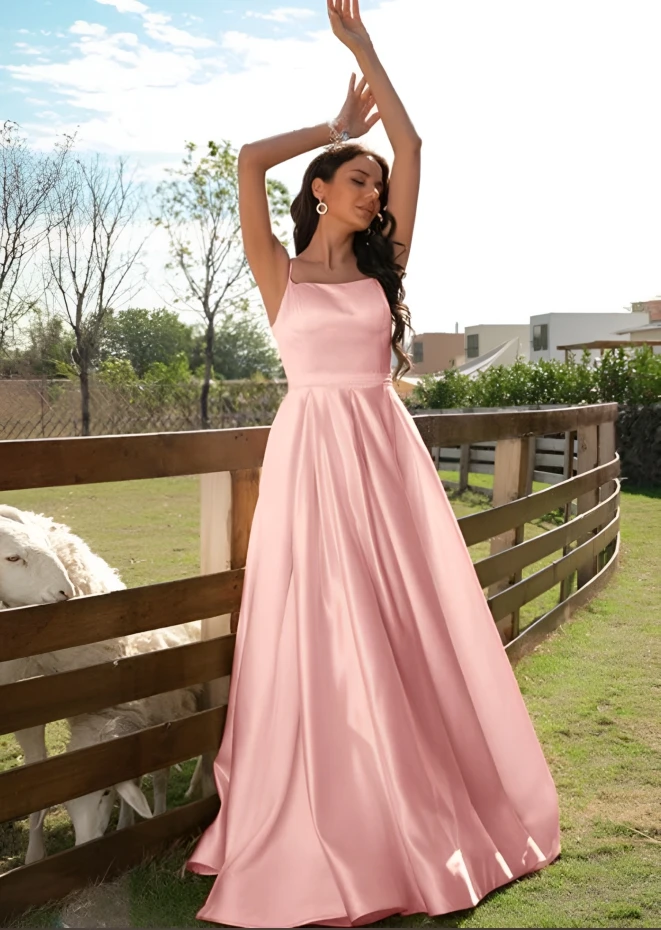 

Women's Summer Long Dresses Sexy Adjustable Straps Lace-up Backless Evening Dress Satin A-Line Side Split Maxi Train Prom Gowns