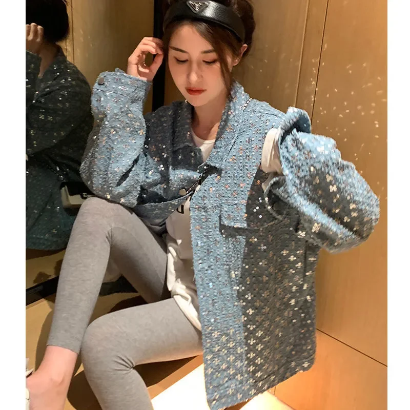 Spring Autumn Sequin Denim Jacket Women 2024 New Fashion Loose Casual Coat Vintage Coat Pure Colour Blue Outerwear Female