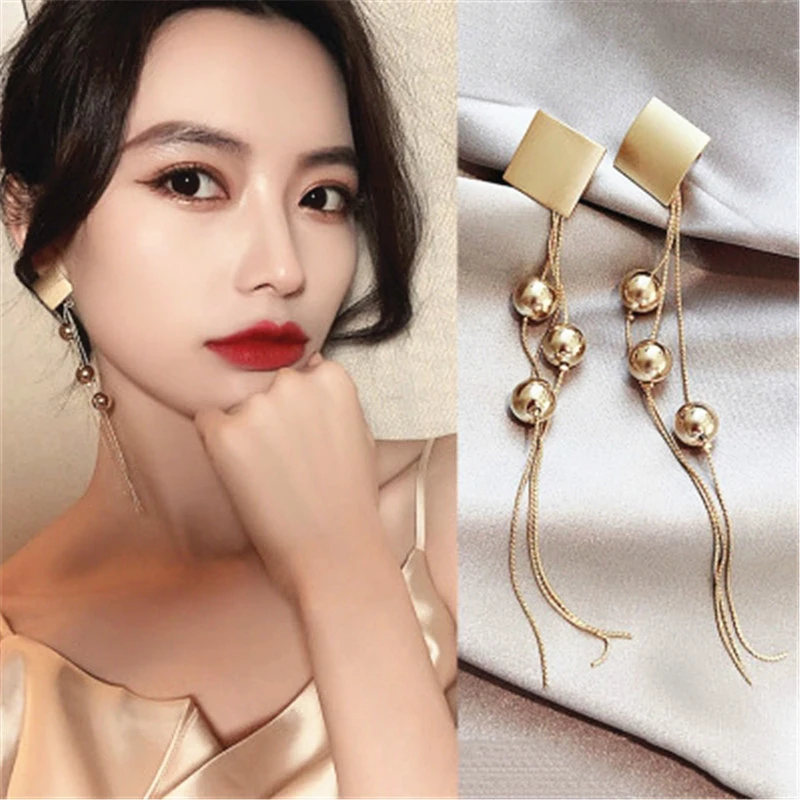 Square Drop Earrings Fashion Small Ball Earring Long Tassel Earrings Temperament  Women Jewelry Wholesale Salesolesale Sales