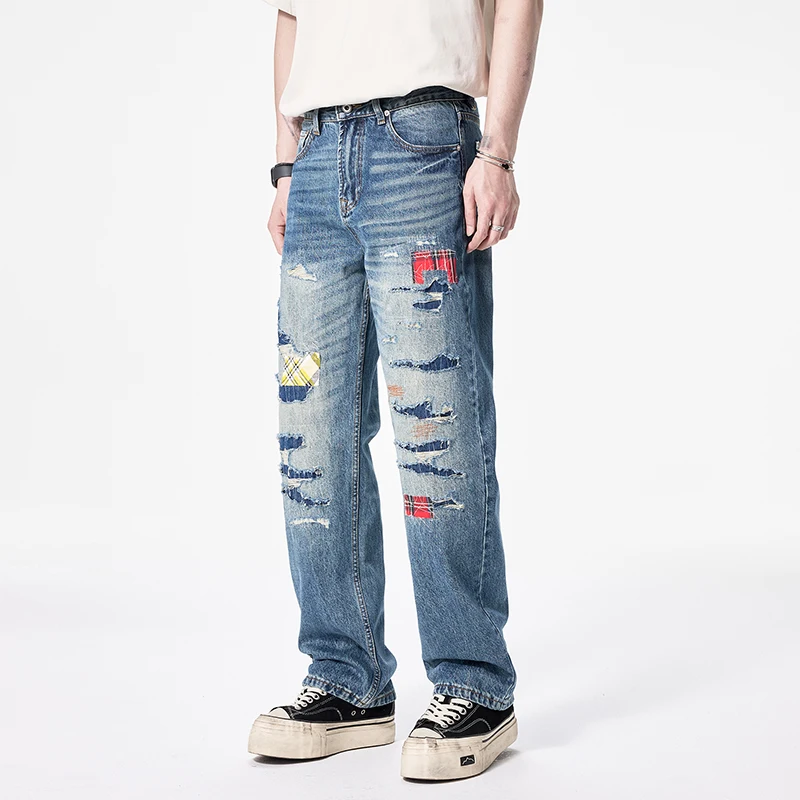 

New Men Streetwear Hip Hop Loose Casual Ripped Denim Jeans Pants Trousers Vintage Patchwork Distressed Jeans